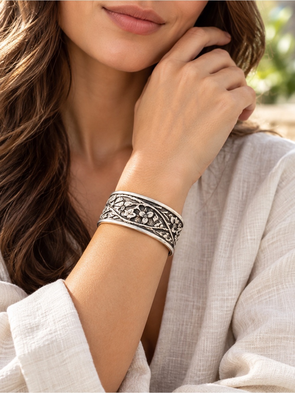 Silpada Heavy Sterling Silver Repousse Style Cuff Bracelet Dedicated to Flowers